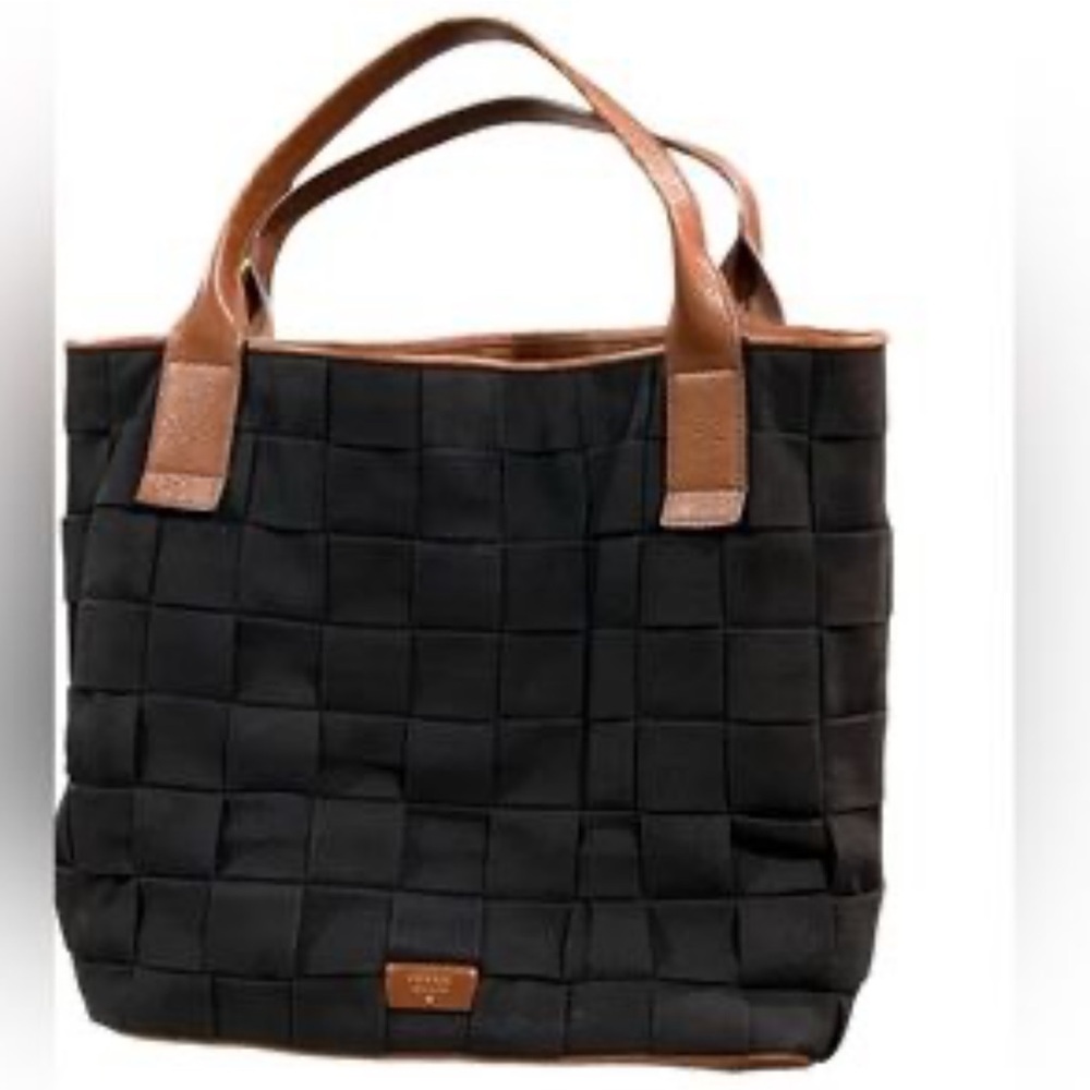 FOSSIL black canvas leather bag tote purse EUC